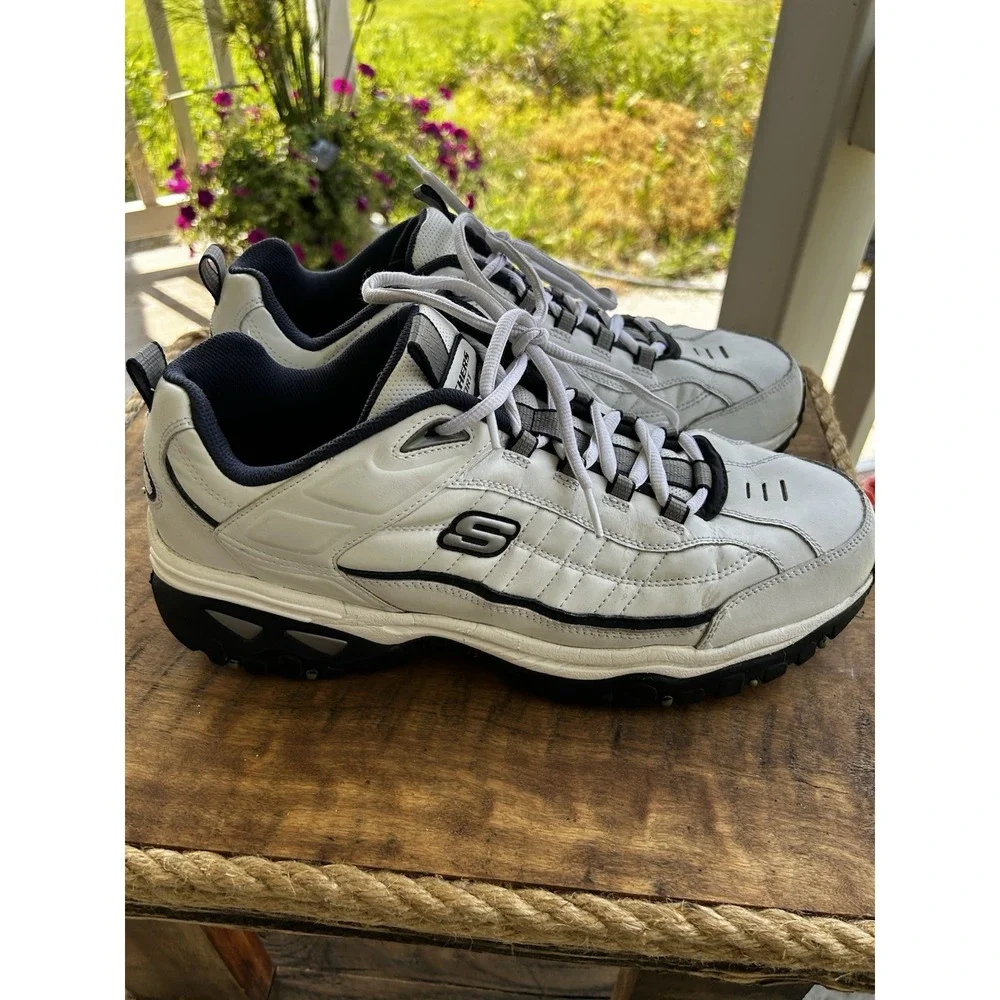 Skechers After Burn Memory Fit Mens 14 White Navy Leather Walking Shoes 50081